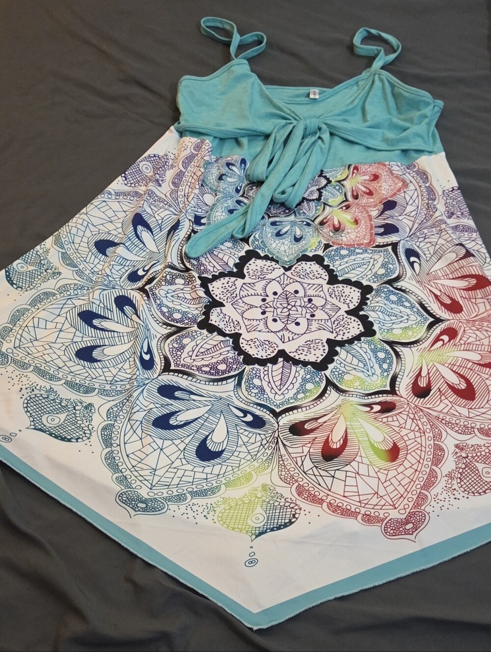 Turquoise Tie-Front Boho Floral Handkerchief Dress
